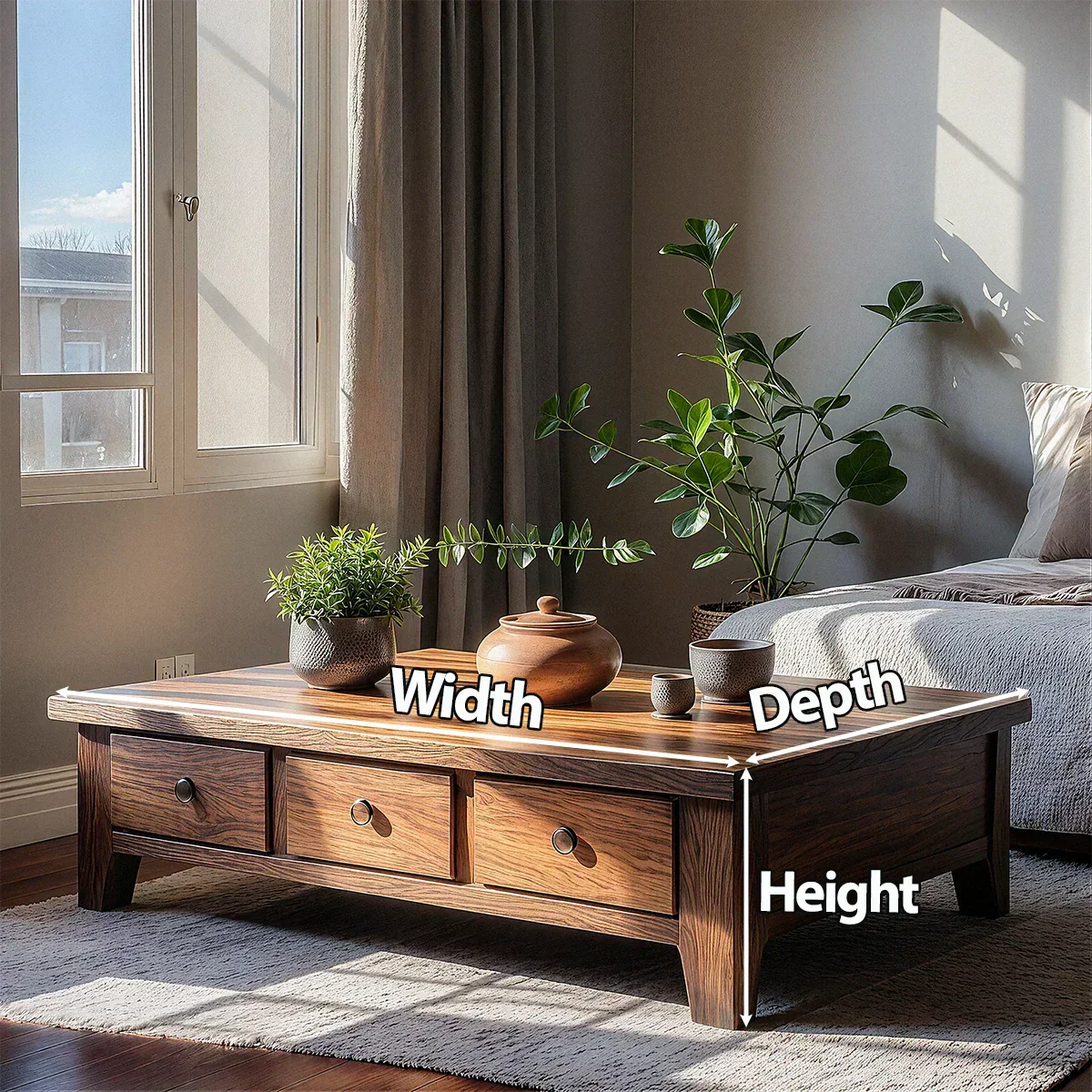Natural Solid Wood Coffee Table with Drawers – Walnut Finish Japandi Low Storage Table - Elitegemse - View 4