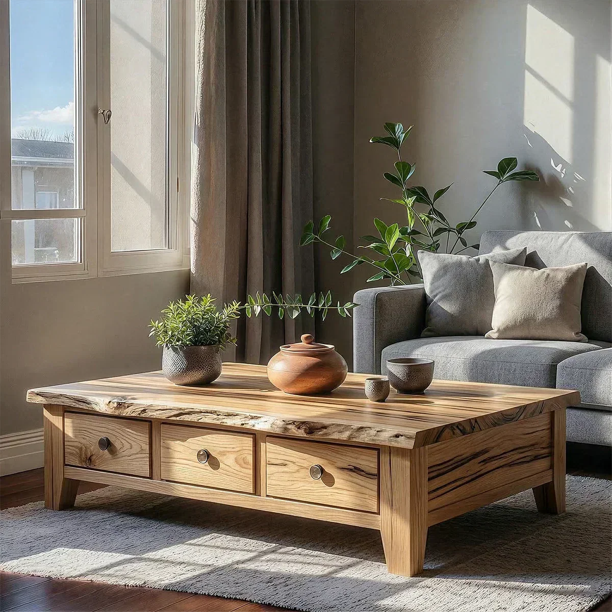 Natural Solid Wood Coffee Table with Drawers – Walnut Finish Japandi Low Storage Table - Elitegemse - View 5