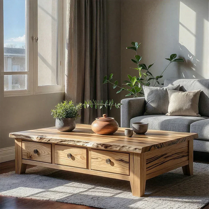 Natural Solid Wood Coffee Table with Drawers – Walnut Finish Japandi Low Storage Table - Elitegemse - View 5