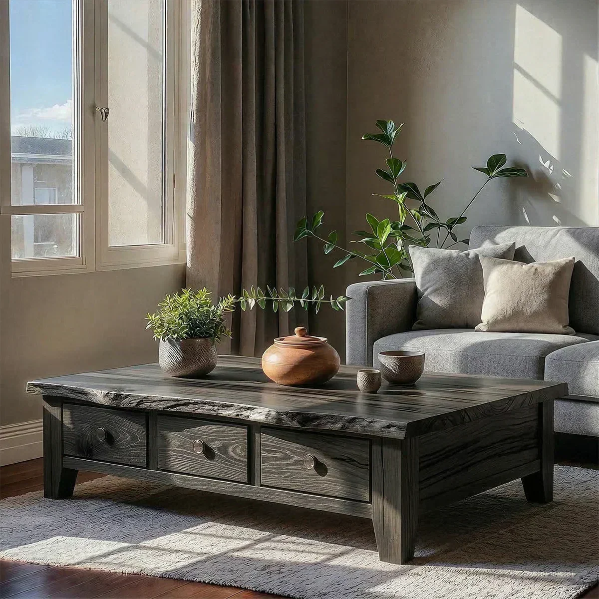 Natural Solid Wood Coffee Table with Drawers – Walnut Finish Japandi Low Storage Table - Elitegemse - View 6