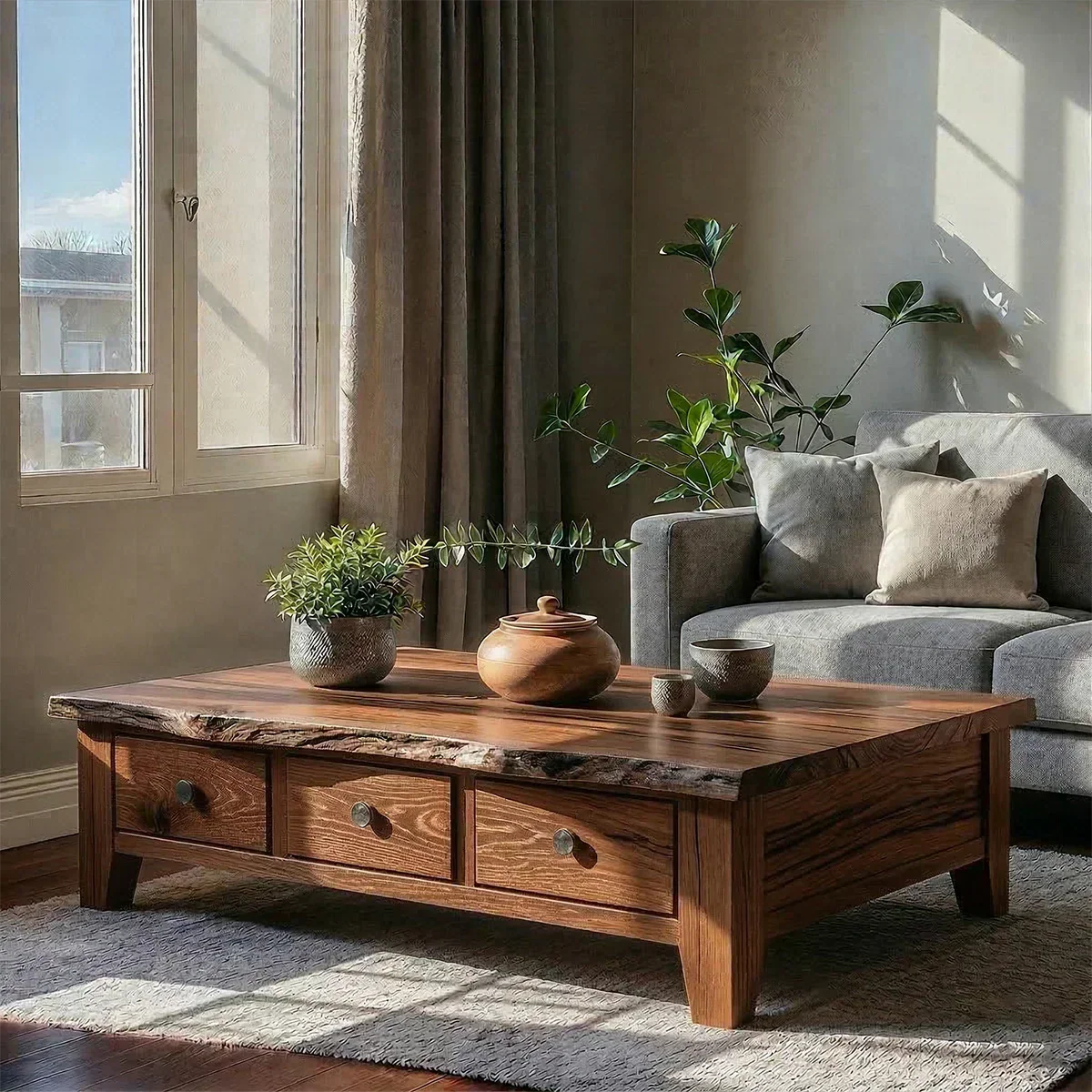 Natural Solid Wood Coffee Table with Drawers – Walnut Finish Japandi Low Storage Table - Elitegemse - View 7