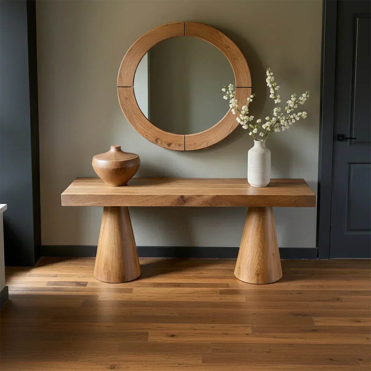 Natural Solid Wood Console with Tapered Sculptural Bases – Modern Japandi - Elitegemse - View 2