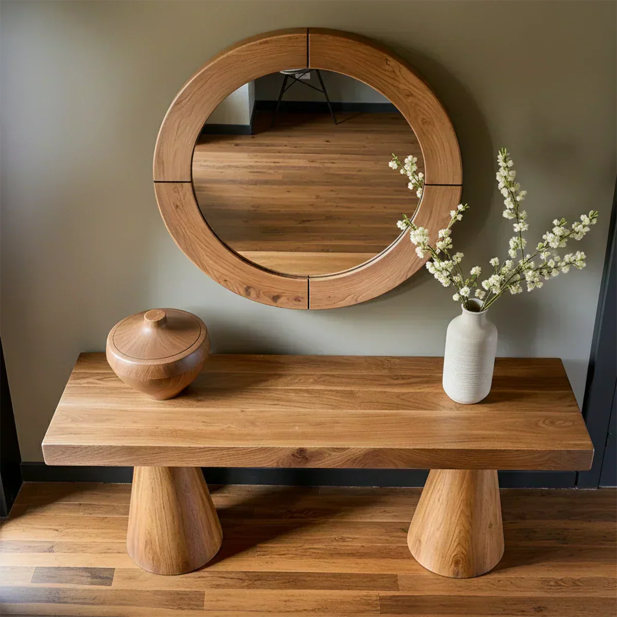 Natural Solid Wood Console with Tapered Sculptural Bases – Modern Japandi - Elitegemse - View 3