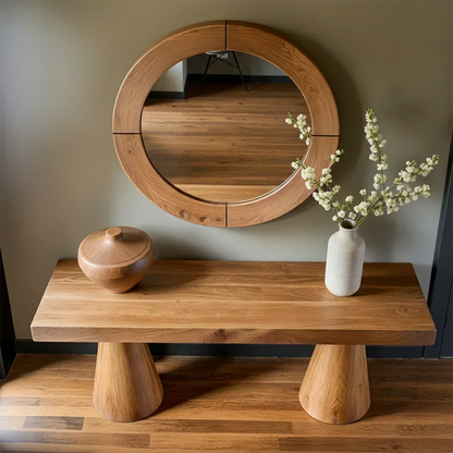Natural Solid Wood Console with Tapered Sculptural Bases – Modern Japandi - Elitegemse - View 3