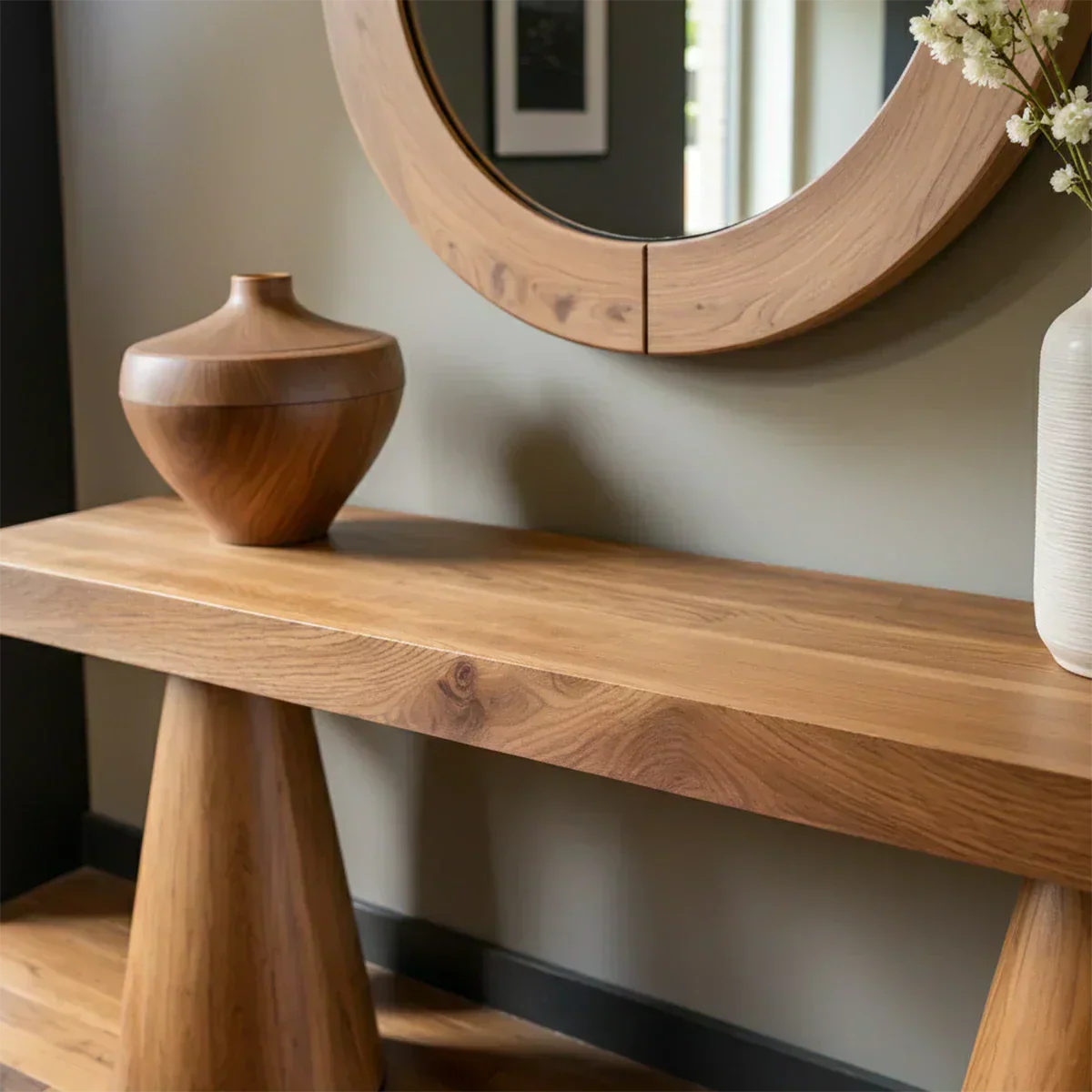 Natural Solid Wood Console with Tapered Sculptural Bases – Modern Japandi - Elitegemse - View 4