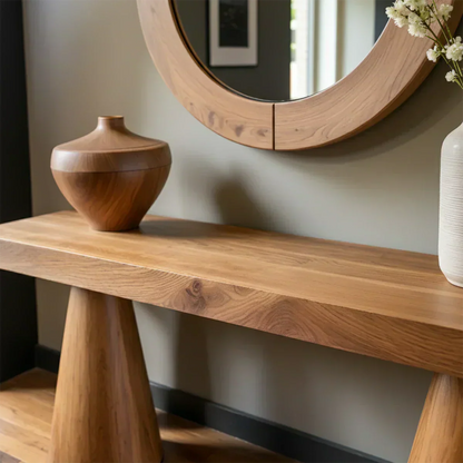 Natural Solid Wood Console with Tapered Sculptural Bases – Modern Japandi - Elitegemse - View 4