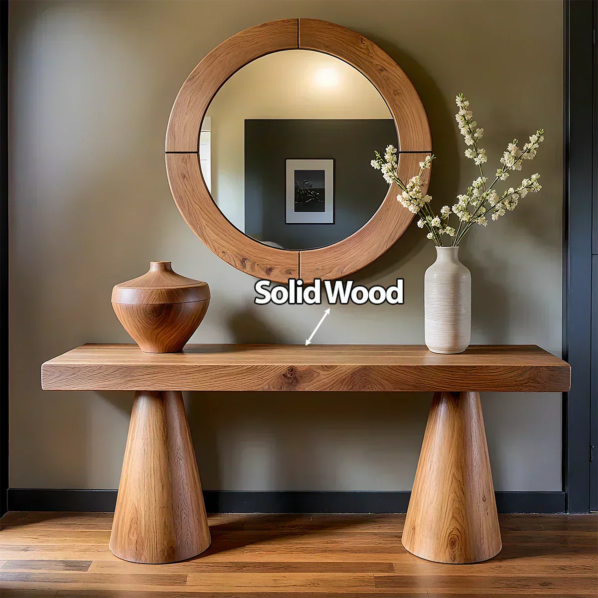 Natural Solid Wood Console with Tapered Sculptural Bases – Modern Japandi - Elitegemse - View 5