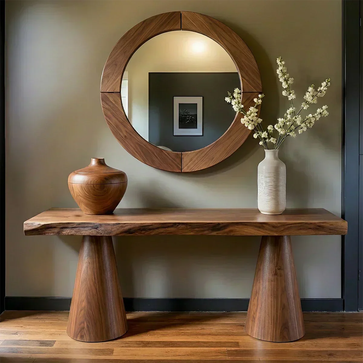 Natural Solid Wood Console with Tapered Sculptural Bases – Modern Japandi - Elitegemse - View 7