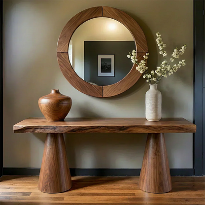 Natural Solid Wood Console with Tapered Sculptural Bases – Modern Japandi - Elitegemse - View 7