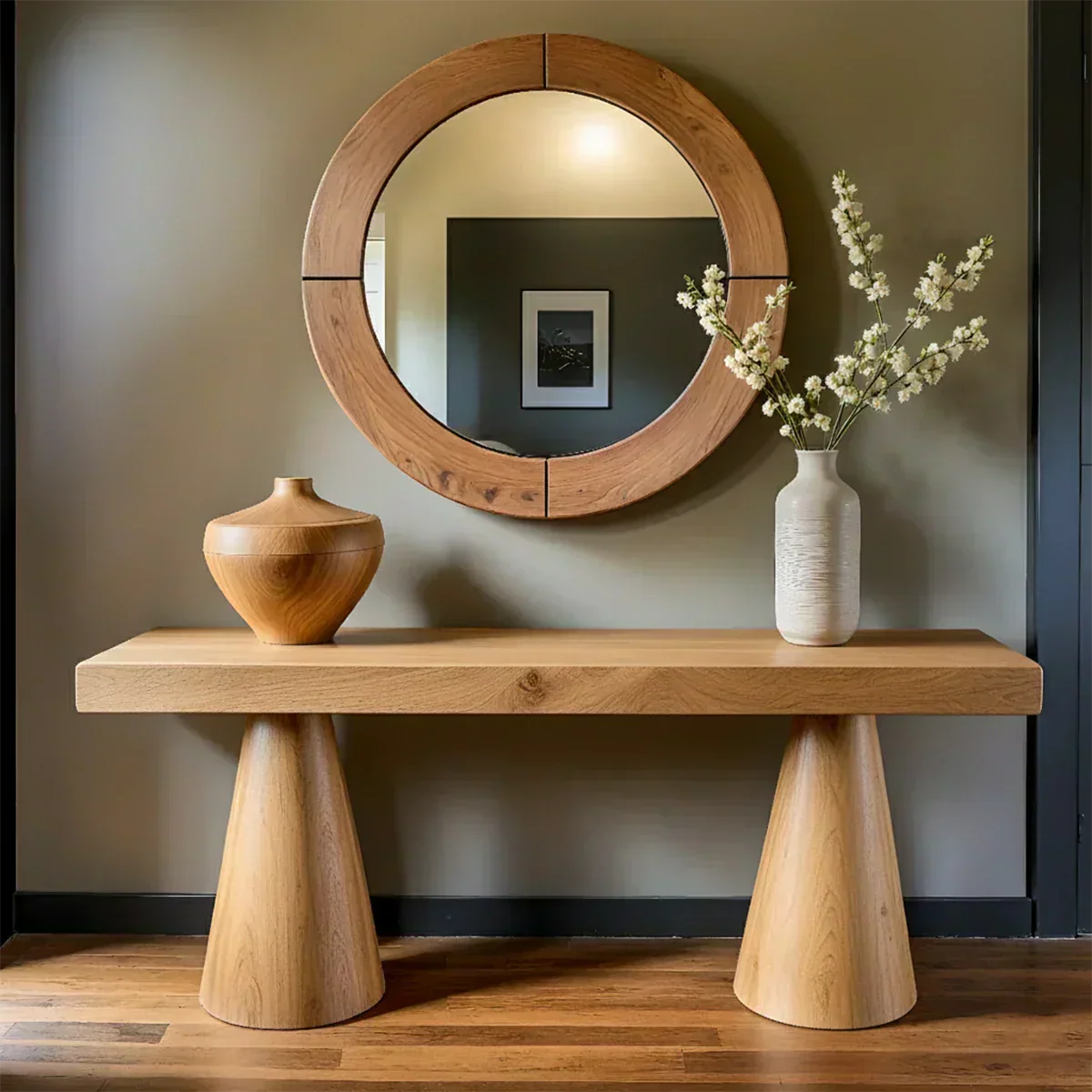 Natural Solid Wood Console with Tapered Sculptural Bases – Modern Japandi - Elitegemse - View 8