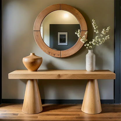 Natural Solid Wood Console with Tapered Sculptural Bases – Modern Japandi - Elitegemse - View 8