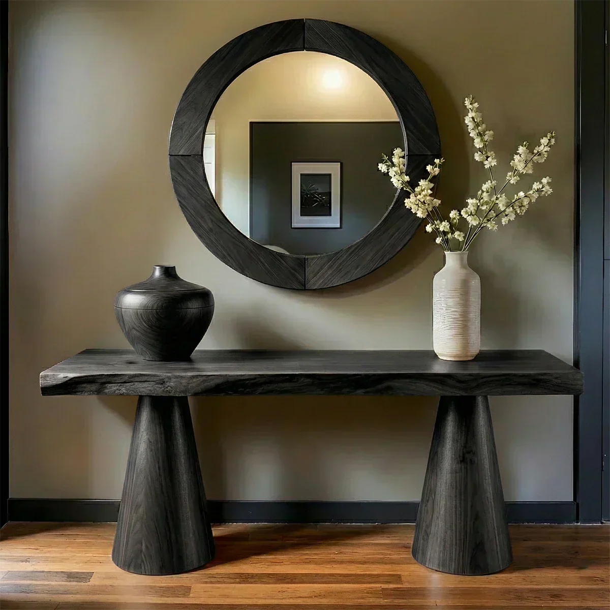 Natural Solid Wood Console with Tapered Sculptural Bases – Modern Japandi - Elitegemse - View 9