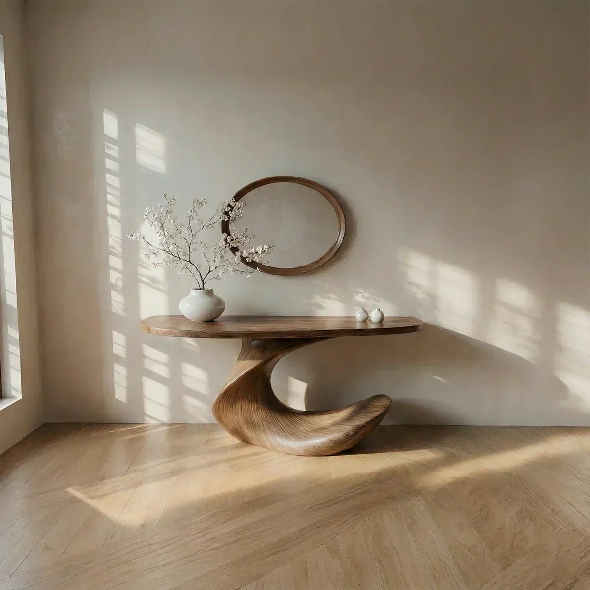Natural Solid Wood Curved Sculptural Console in Modern Flow Design - Elitegemse - View 2