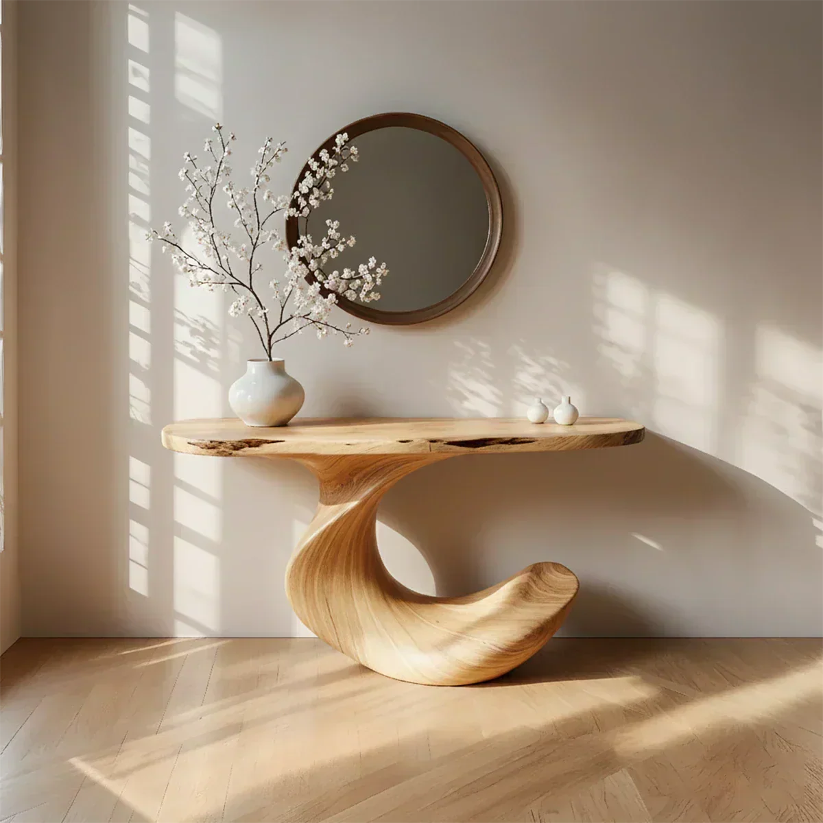 Natural Solid Wood Curved Sculptural Console in Modern Flow Design - Elitegemse - View 8