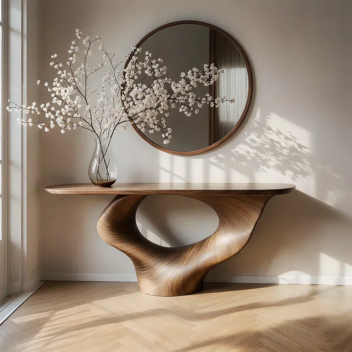 Natural Solid Wood Curved Sculptural Console – Japandi Modern Elegance - Elitegemse