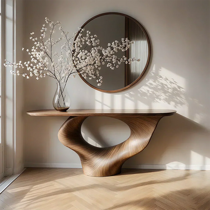 Natural Solid Wood Curved Sculptural Console – Japandi Modern Elegance - Elitegemse