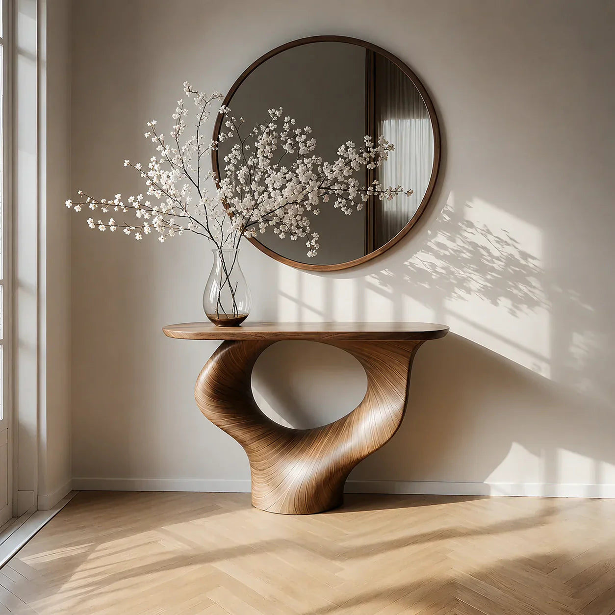 Natural Solid Wood Curved Sculptural Console – Japandi Modern Elegance - Elitegemse - View 10