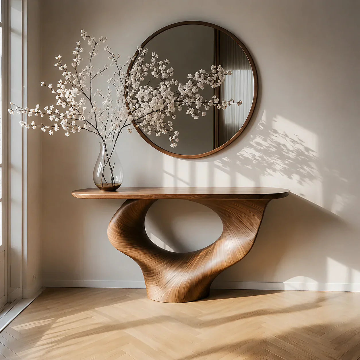 Natural Solid Wood Curved Sculptural Console – Japandi Modern Elegance - Elitegemse - View 13