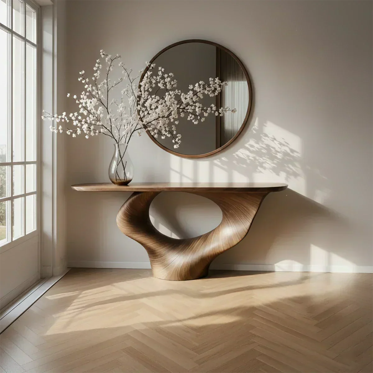 Natural Solid Wood Curved Sculptural Console – Japandi Modern Elegance - Elitegemse - View 2