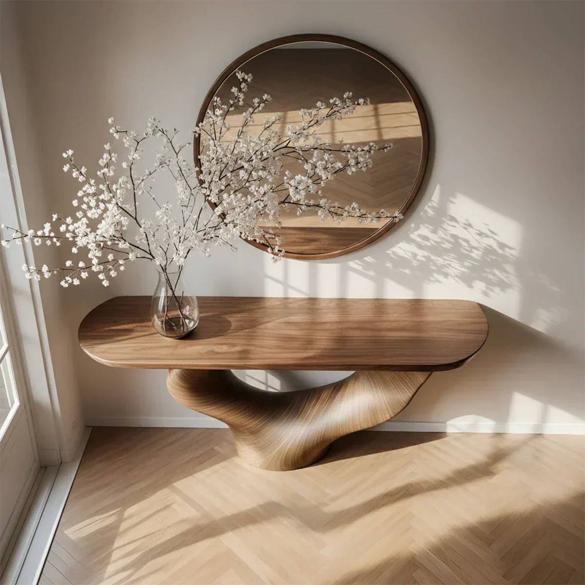 Natural Solid Wood Curved Sculptural Console – Japandi Modern Elegance - Elitegemse - View 3