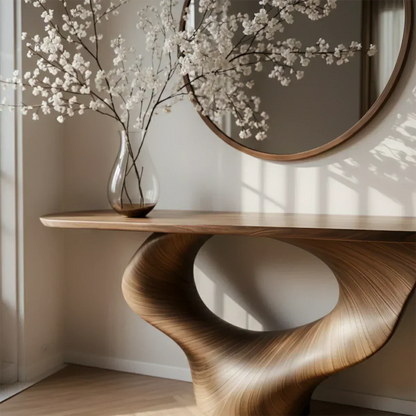 Natural Solid Wood Curved Sculptural Console – Japandi Modern Elegance - Elitegemse - View 4