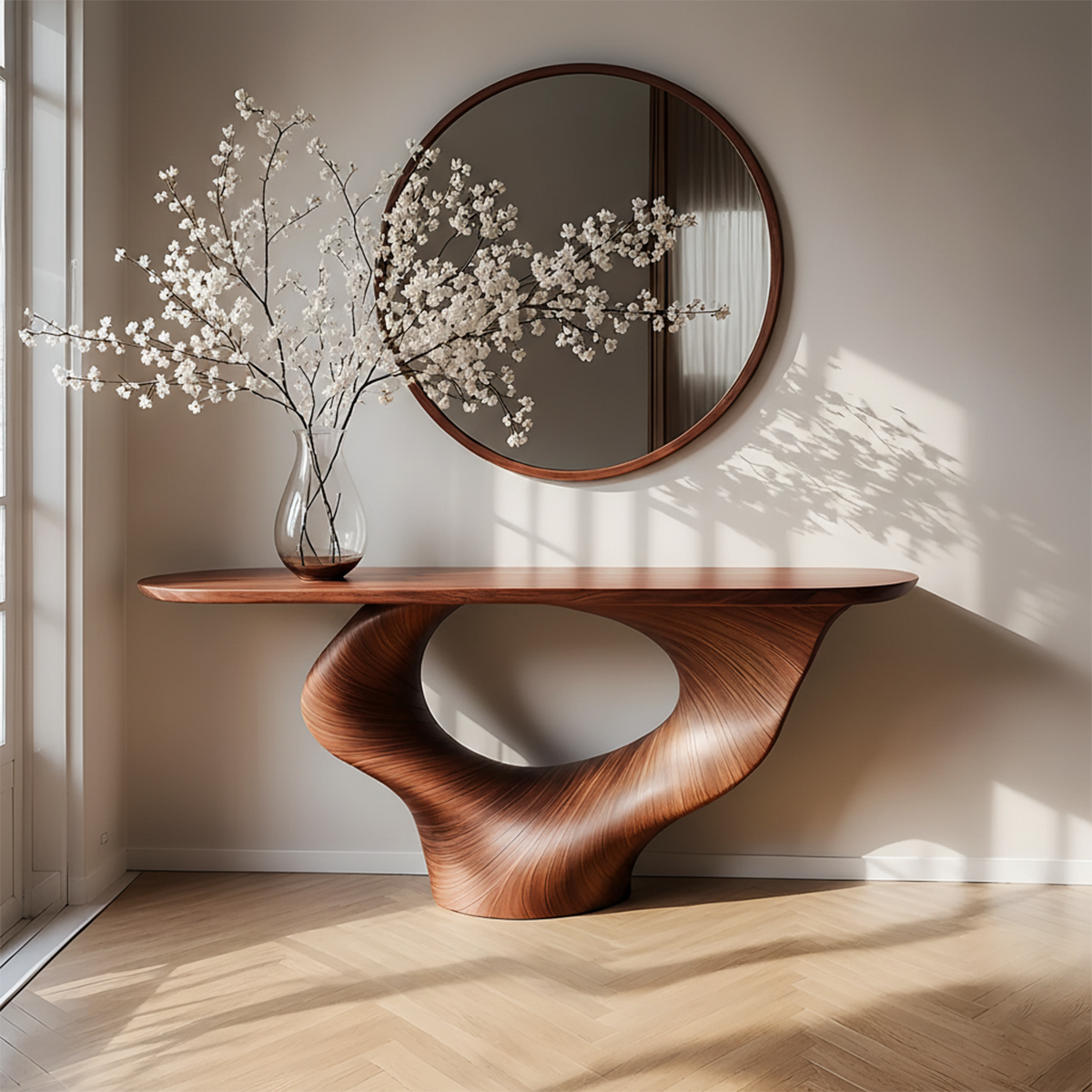Natural Solid Wood Curved Sculptural Console – Japandi Modern Elegance - Elitegemse - View 9