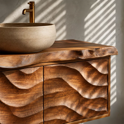 Natural Solid Wood Floating Vanity with Sculptural Wave Cabinet Traditional - Elitegemse - 1