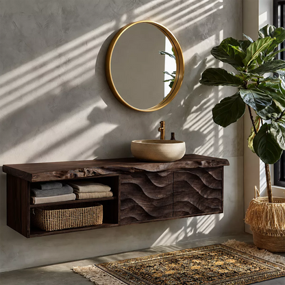 Natural Solid Wood Floating Vanity with Sculptural Wave Cabinet Traditional - Elitegemse - 10
