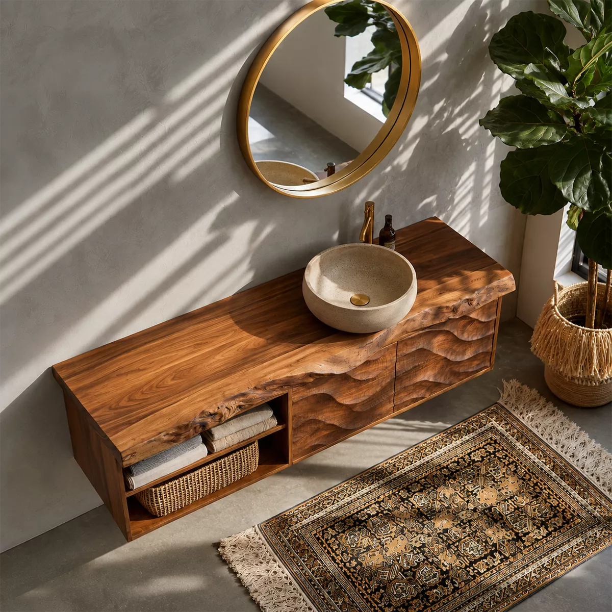 Natural Solid Wood Floating Vanity with Sculptural Wave Cabinet Traditional - Elitegemse - 2