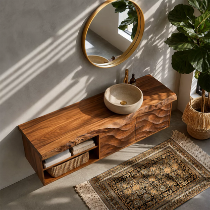 Natural Solid Wood Floating Vanity with Sculptural Wave Cabinet Traditional - Elitegemse - 2