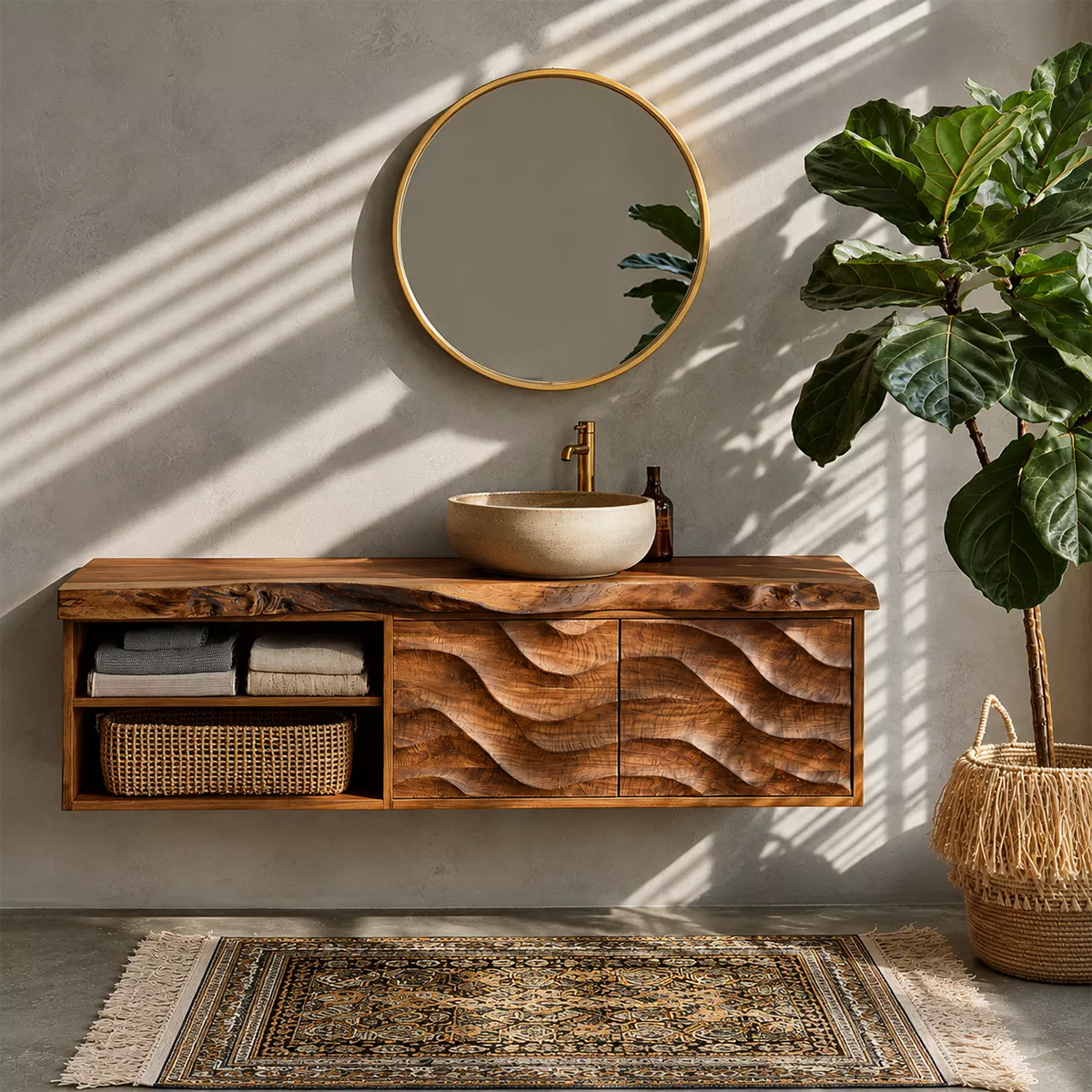 Natural Solid Wood Floating Vanity with Sculptural Wave Cabinet Traditional - Elitegemse - 3