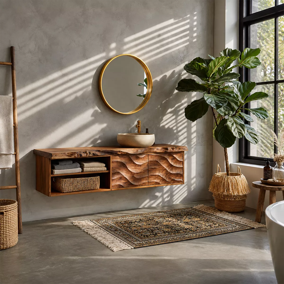 Natural Solid Wood Floating Vanity with Sculptural Wave Cabinet Traditional - Elitegemse - 4