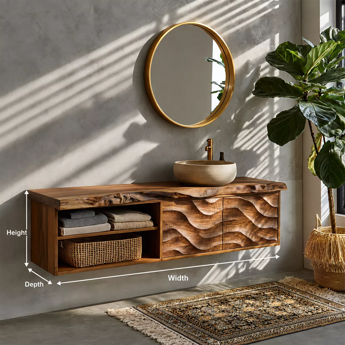 Natural Solid Wood Floating Vanity with Sculptural Wave Cabinet Traditional - Elitegemse - 5