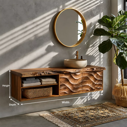 Natural Solid Wood Floating Vanity with Sculptural Wave Cabinet Traditional - Elitegemse - 5