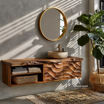 Natural Solid Wood Floating Vanity with Sculptural Wave Cabinet Traditional - Elitegemse - 6