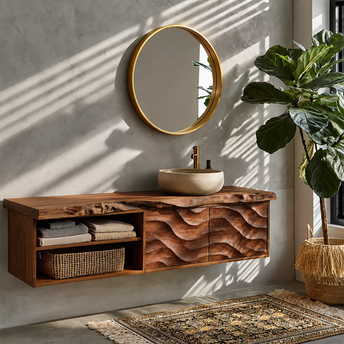 Natural Solid Wood Floating Vanity with Sculptural Wave Cabinet Traditional - Elitegemse - 7