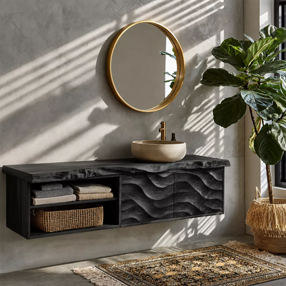 Natural Solid Wood Floating Vanity with Sculptural Wave Cabinet Traditional - Elitegemse - 8