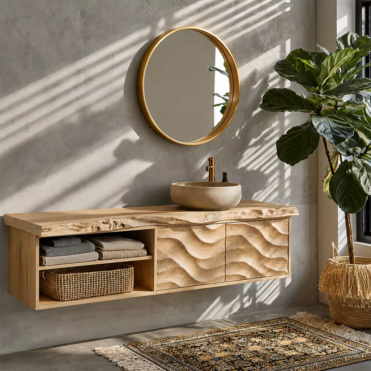Natural Solid Wood Floating Vanity with Sculptural Wave Cabinet Traditional - Elitegemse - 9