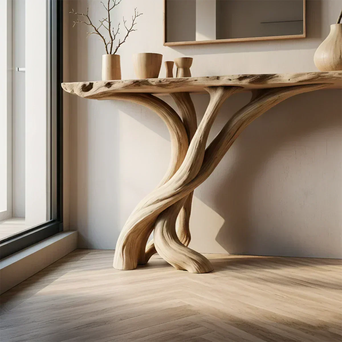 Natural Solid Wood Japandi Twisted-Root Console Table - Elitegemse - View 3