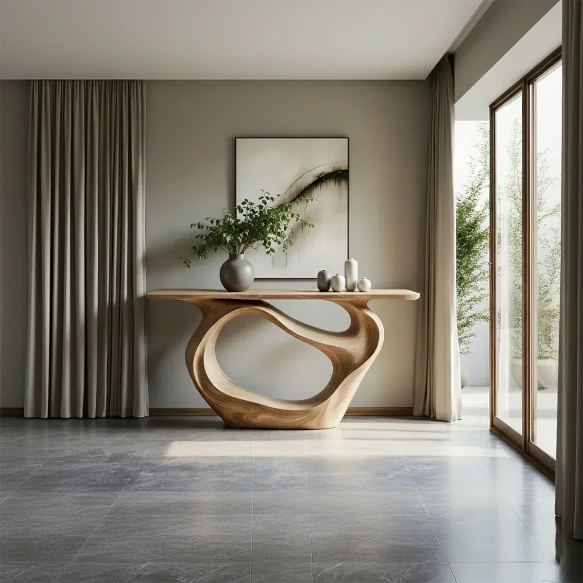 Natural Solid Wood Modern Sculptural Wave Console Table - Elitegemse - View 2