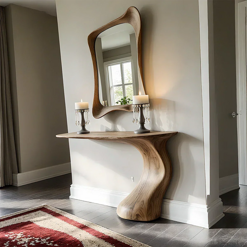 Natural Solid Wood Sculptural Console Table in Modern Wabi-Sabi Form - Elitegemse