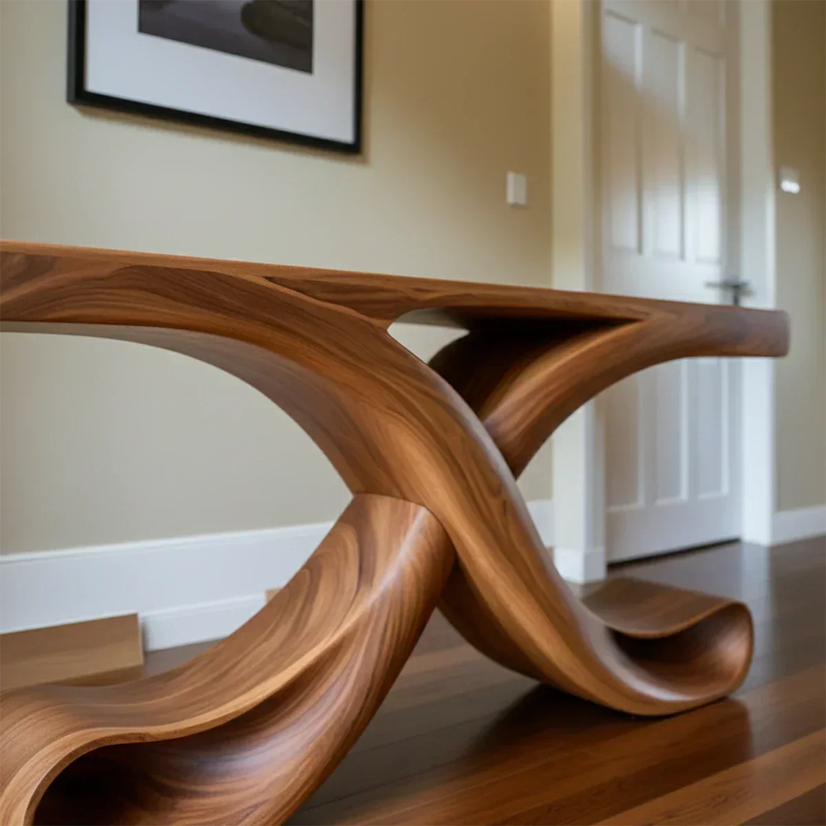 Natural Solid Wood Sculptural Console with Flowing Curved Base – Modern Japandi - Elitegemse - View 3