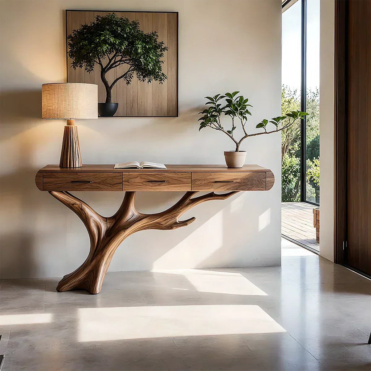 Natural Wood Entryway Console Table with Drawers and Sculptural Tree Base - Elitegemse - View 12