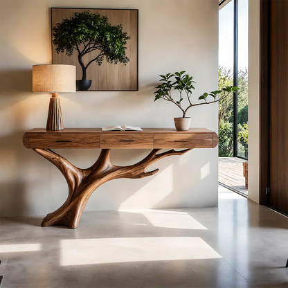 Natural Wood Entryway Console Table with Drawers and Sculptural Tree Base - Elitegemse - View 13