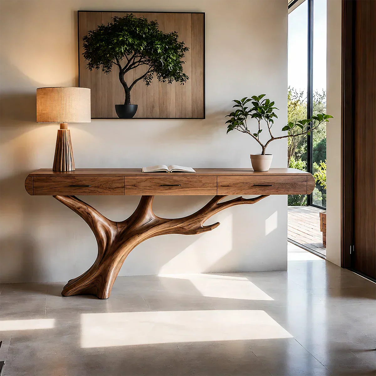 Natural Wood Entryway Console Table with Drawers and Sculptural Tree Base - Elitegemse - View 14