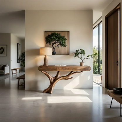 Natural Wood Entryway Console Table with Drawers and Sculptural Tree Base - Elitegemse - View 2