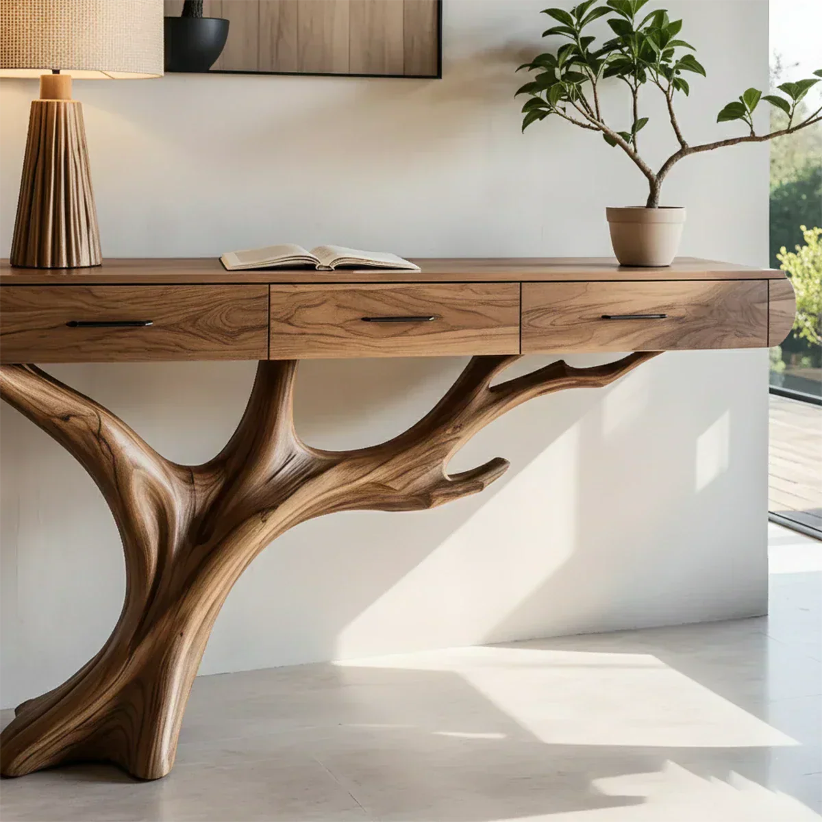 Natural Wood Entryway Console Table with Drawers and Sculptural Tree Base - Elitegemse - View 3