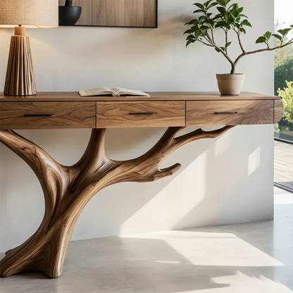Natural Wood Entryway Console Table with Drawers and Sculptural Tree Base - Elitegemse - View 3