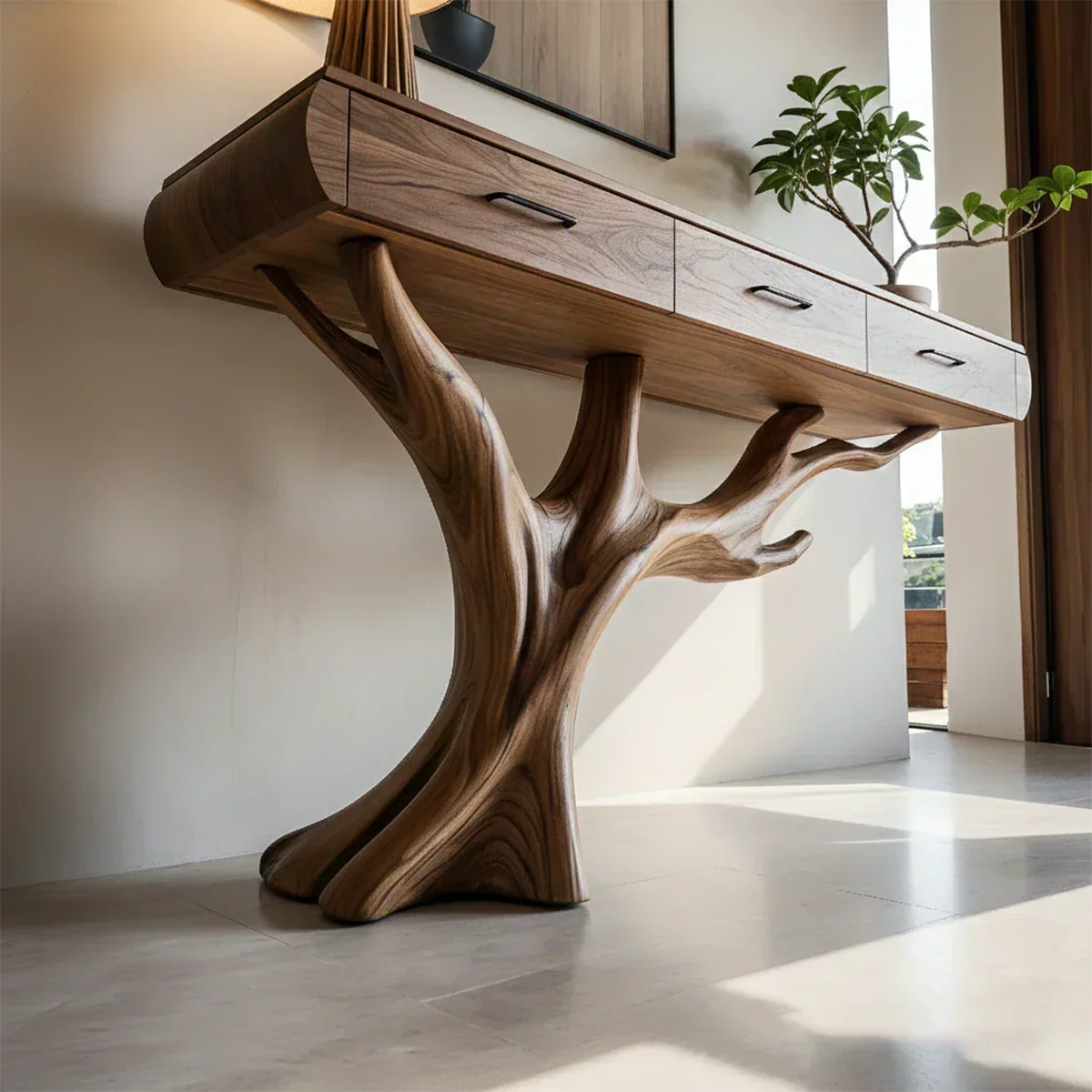 Natural Wood Entryway Console Table with Drawers and Sculptural Tree Base - Elitegemse - View 4