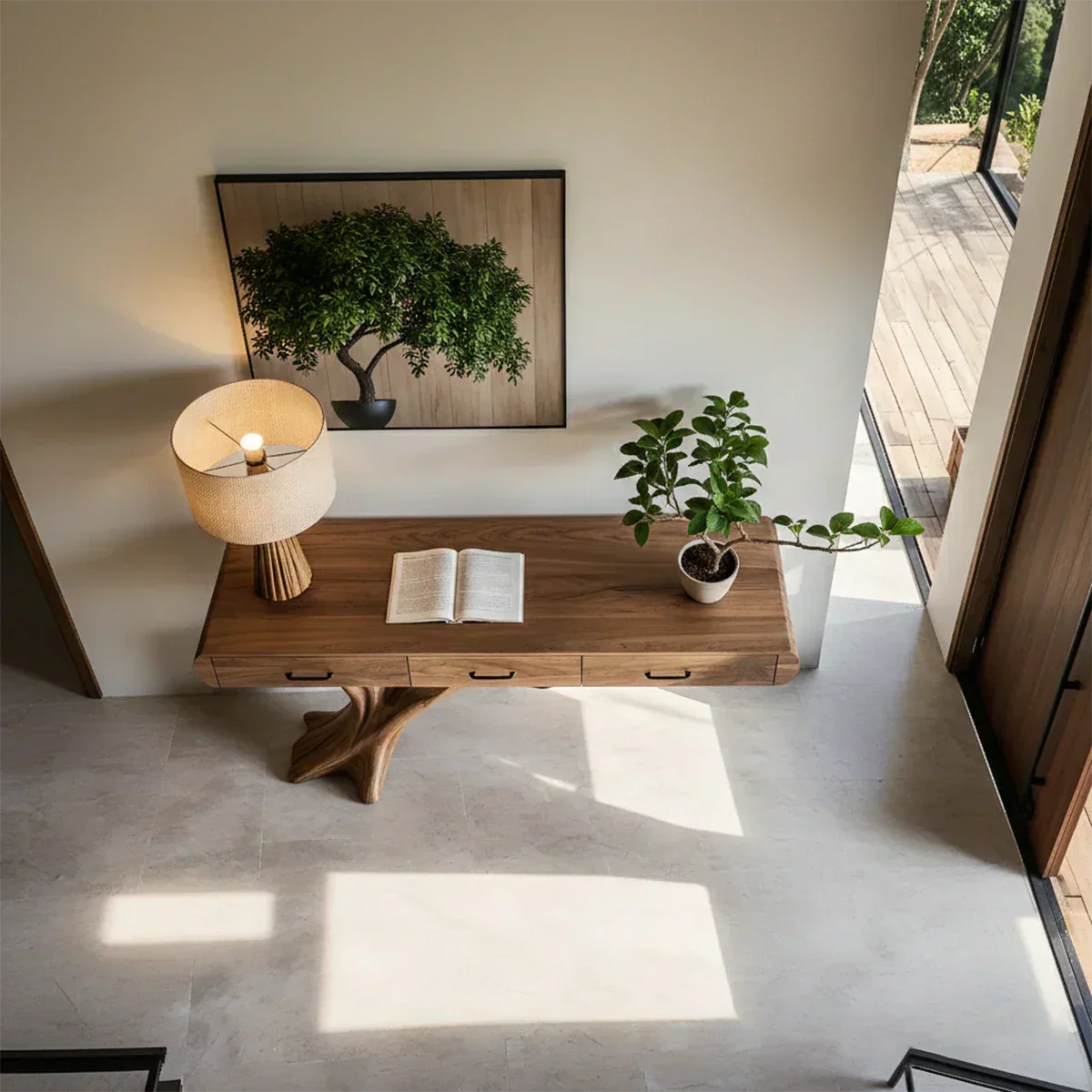Natural Wood Entryway Console Table with Drawers and Sculptural Tree Base - Elitegemse - View 5